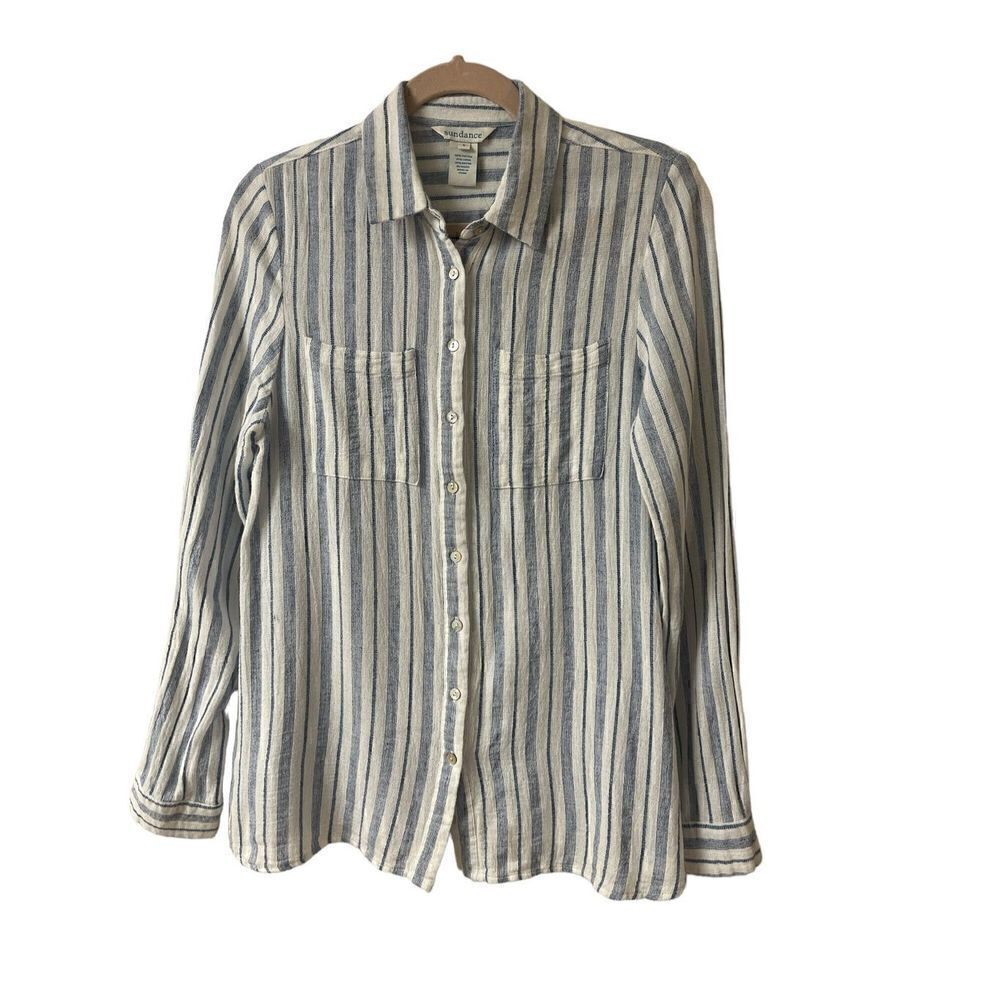 Sundance top button down blouse blue & white stripe Small